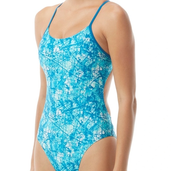TYR Sz L Bayou Cutout Fit One Piece Swimsuit Turquoise High Cut Leg UPF 50 - Picture 1 of 9